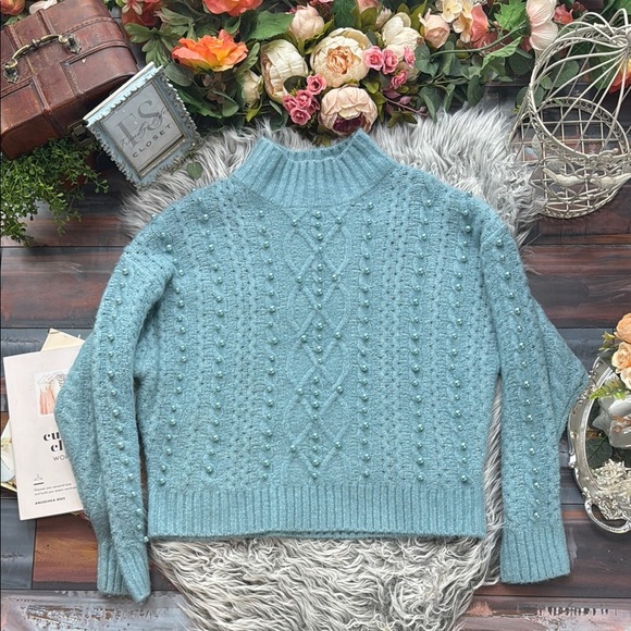 NWT Fate: Just A Thought Pearl Sky Blue Embellished Cable Knit Chunky Sweater - Picture 2 of 12